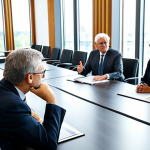 A group of diverse, professional individuals in a modern, bright parliamentary chamber, engaged in a respectful and open discussion around a large, polished table. One person, a mature male, is speaking, gesturing calmly, while others listen attentively with expressions of thoughtful engagement. The setting is well-lit with natural light streaming through large windows, creating an atmosphere of transparency and collaboration. All subjects are fully clothed in professional, modest business attire, appropriate content, safe for work, perfect anatomy, correct proportions, natural pose, well-formed hands, proper finger count, natural body proportions, professional photography, high quality.