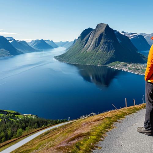 Home 21 A professional outdoor photographer, fully clothed in warm, modest hiking attire, stands on a scenic viewpoint overlooking a calm Norwegian fjord. Majestic mountains rise steeply from the still, reflective water, under a clear, bright sky. A winding, well-maintained road is visible in the distance, hugging the coastline. The scene conveys a sense of peaceful contemplation and vast natural beauty. Perfect anatomy, correct proportions, natural pose, well-formed hands, proper finger count. Professional photography, high quality, safe for work, appropriate content, fully clothed, family-friendly.