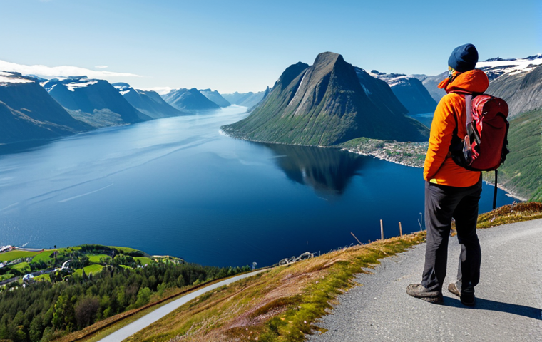 A professional outdoor photographer, fully clothed in warm, modest hiking attire, stands on a scenic viewpoint overlooking a calm Norwegian fjord. Majestic mountains rise steeply from the still, reflective water, under a clear, bright sky. A winding, well-maintained road is visible in the distance, hugging the coastline. The scene conveys a sense of peaceful contemplation and vast natural beauty. Perfect anatomy, correct proportions, natural pose, well-formed hands, proper finger count. Professional photography, high quality, safe for work, appropriate content, fully clothed, family-friendly.