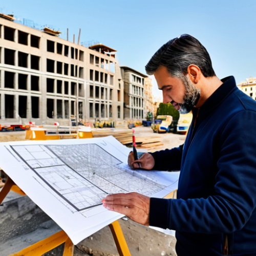 Home 11 "A professional architect, fully clothed in a stylish but modest outfit, reviewing blueprints on a construction site in Barcelona, Spain. Daylight, perfect anatomy, correct proportions, well-formed hands, safe for work, appropriate content, family-friendly, high resolution, professional photography."