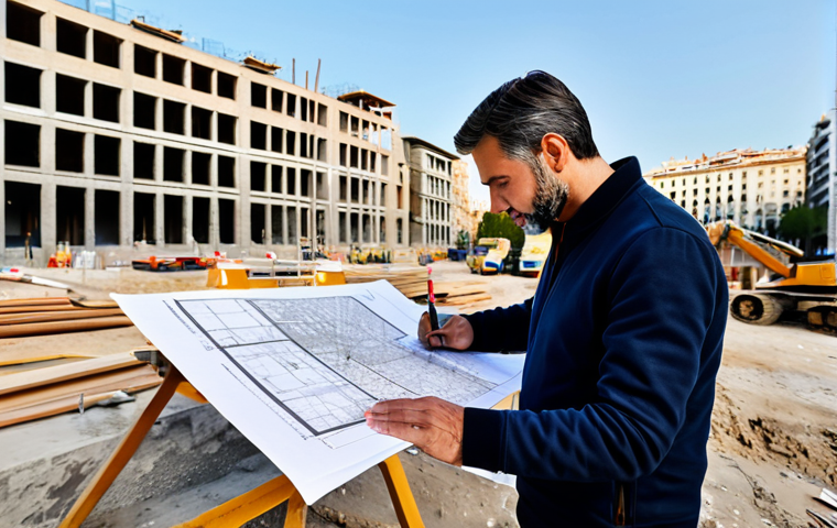 "A professional architect, fully clothed in a stylish but modest outfit, reviewing blueprints on a construction site in Barcelona, Spain.  Daylight, perfect anatomy, correct proportions, well-formed hands, safe for work, appropriate content, family-friendly, high resolution, professional photography."