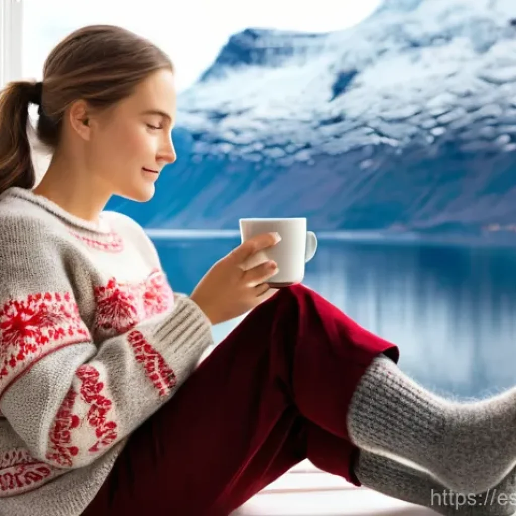 노르웨이에서 꼭 사야 할 기념품 - **A woman, aged 30-40, sits by a large window overlooking a snow-dusted Norwegian fjord, a warm cup ...