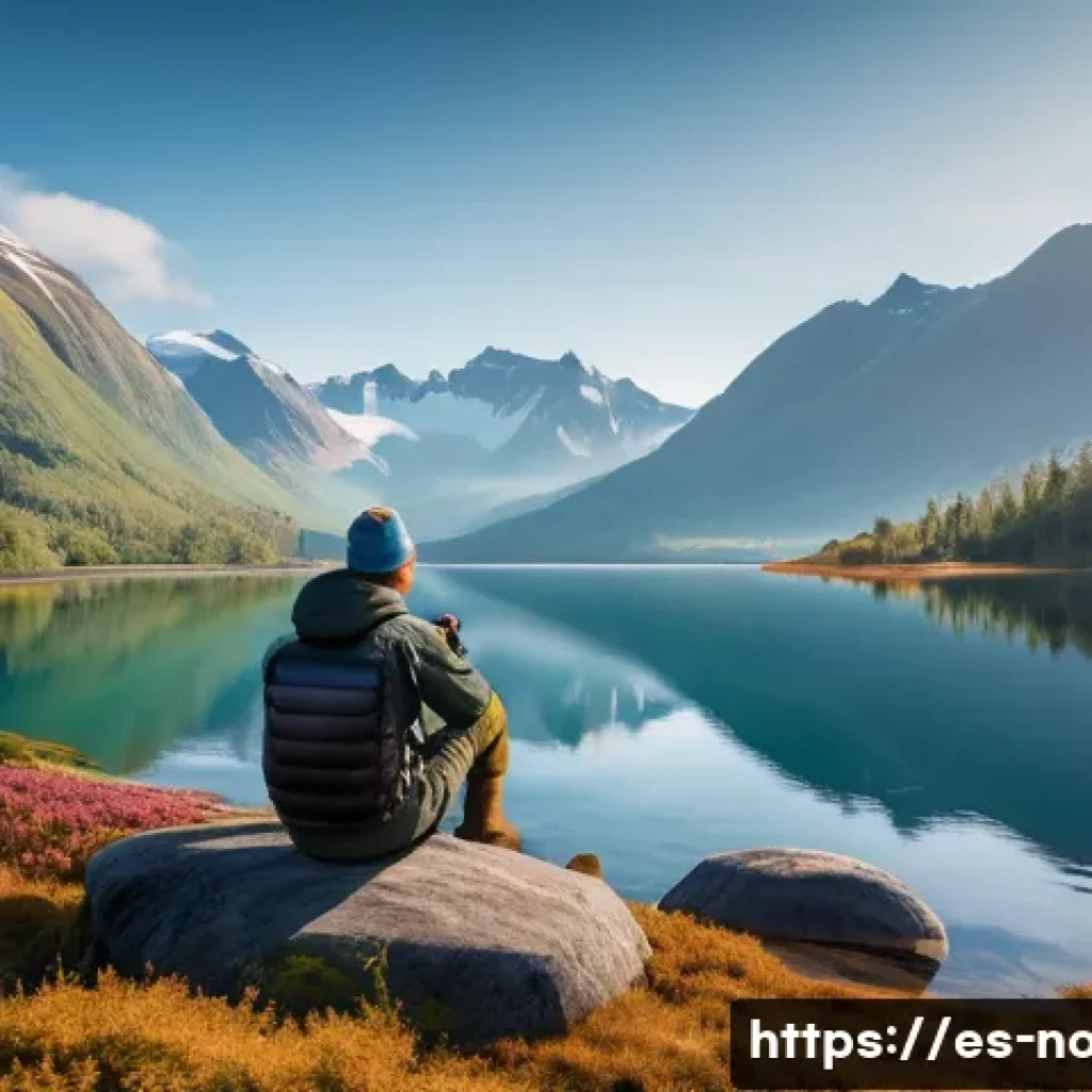 노르웨이에서 가장 아름다운 호수 - A serene Norwegian lake scene at dawn, crystal-clear water reflecting towering snow-capped mountains...