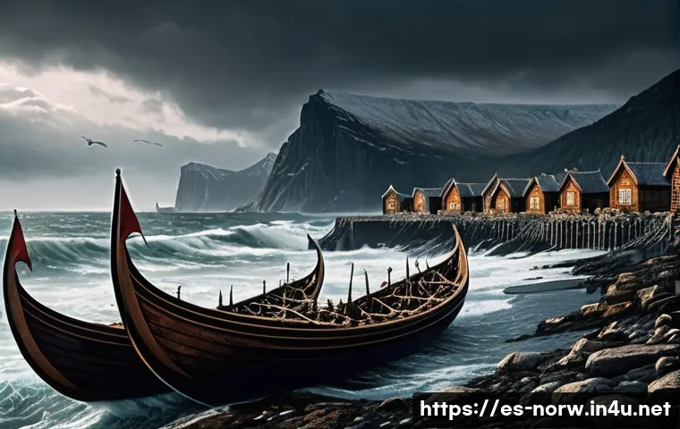 노르웨이 역사적인 전쟁 - A detailed scene of Viking warriors preparing for a sea raid along the rugged Norwegian coastline du...