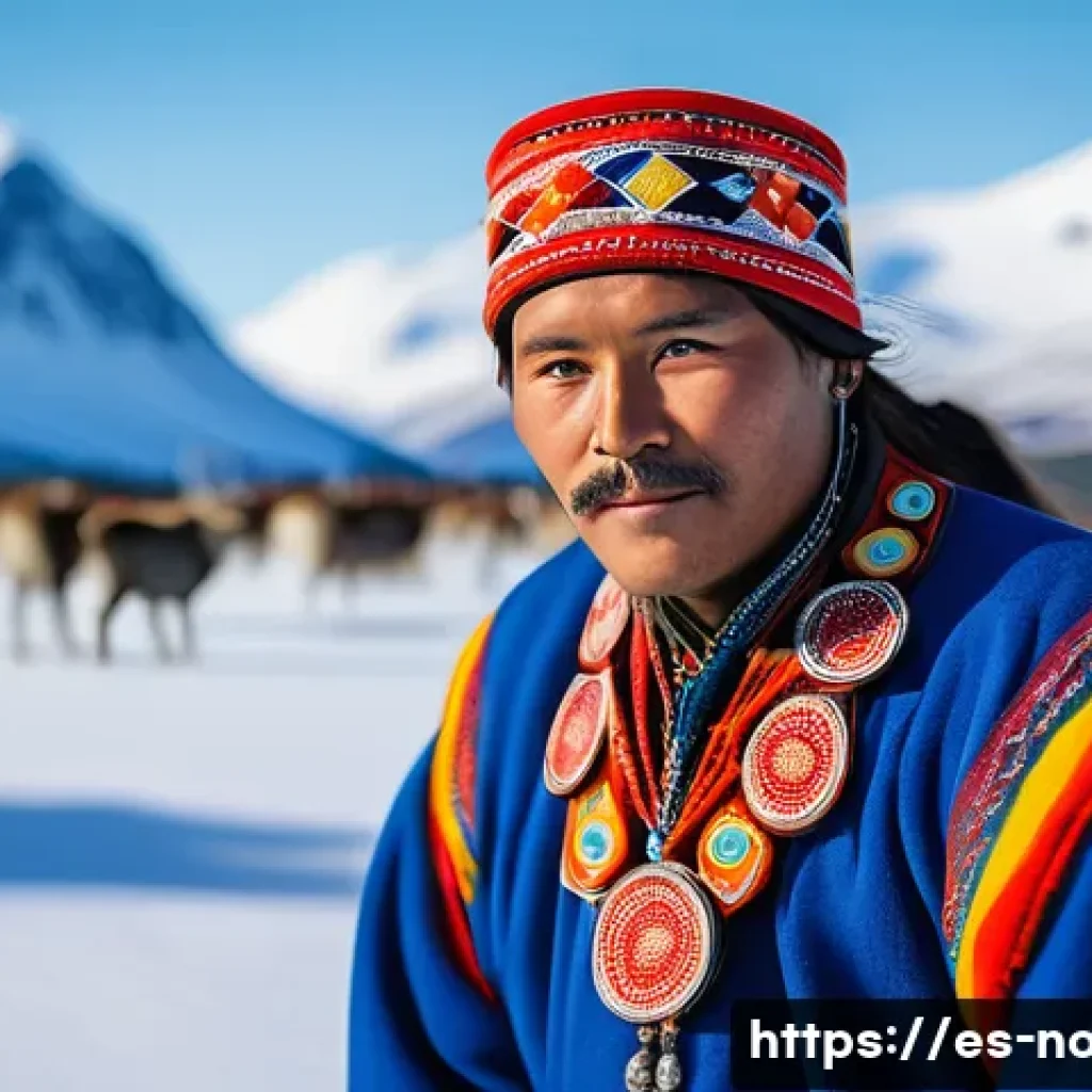 노르웨이 사미족의 문화와 전통 - A detailed portrait of a Sami person wearing a traditional gákti outfit with vivid red, blue, and ye...