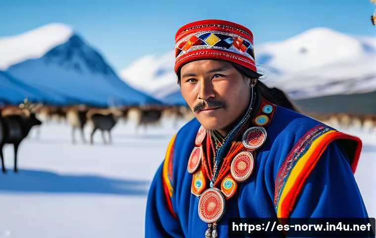 노르웨이 사미족의 문화와 전통 - A detailed portrait of a Sami person wearing a traditional gákti outfit with vivid red, blue, and ye...