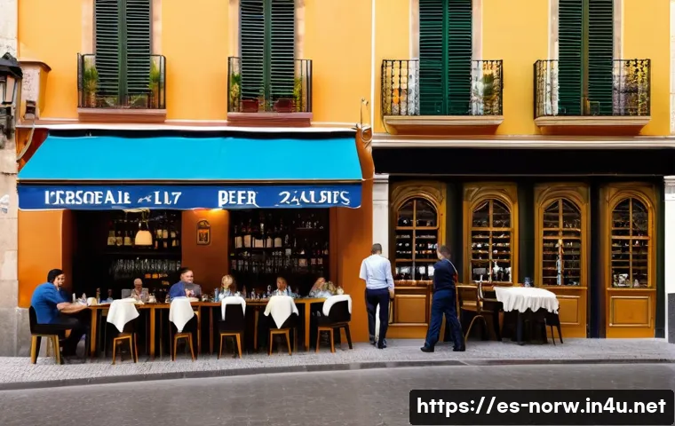 노르웨이에서 법적으로 금지된 것들 - A detailed street scene in a Spanish city during early evening, showing a well-organized outdoor ter...