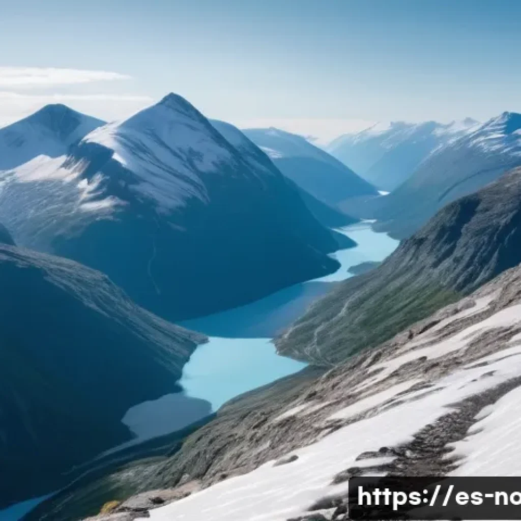 노르웨이 산악 등반 명소 - A panoramic view of a hidden hiking trail in Jotunheimen, Norway, featuring rugged snow-covered moun...