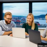 Home 22 노르웨이 비자 및 취업 - A diverse group of young professionals in a modern Norwegian office environment, dressed in business...