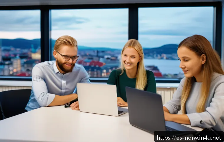 노르웨이 비자 및 취업 - A diverse group of young professionals in a modern Norwegian office environment, dressed in business...