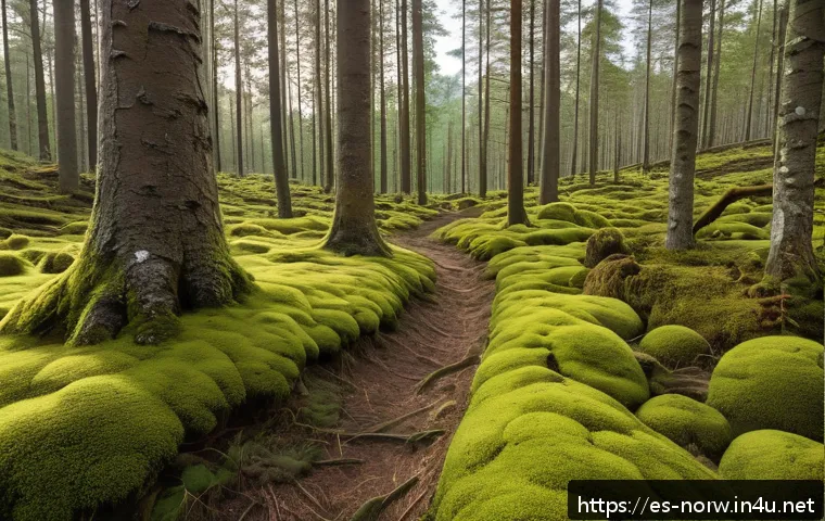 노르웨이 삼림과 자연 - A serene Norwegian forest landscape during early spring, showcasing a mix of declining coniferous fi...