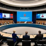Home 20 노르웨이와 스웨덴의 정치 비교 - A detailed scene depicting the political dynamic of Norway: a modern parliamentary hall filled with ...