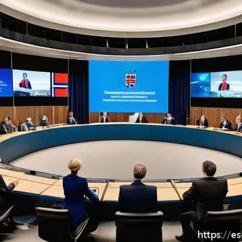 Home 32 노르웨이와 스웨덴의 정치 비교 - A detailed scene depicting the political dynamic of Norway: a modern parliamentary hall filled with ...