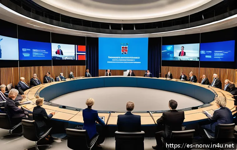 노르웨이와 스웨덴의 정치 비교 - A detailed scene depicting the political dynamic of Norway: a modern parliamentary hall filled with ...