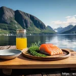 Home 19 노르웨이 전통 요리 - A rustic Norwegian dining table set outdoors in a fjord landscape during golden hour, featuring a wo...