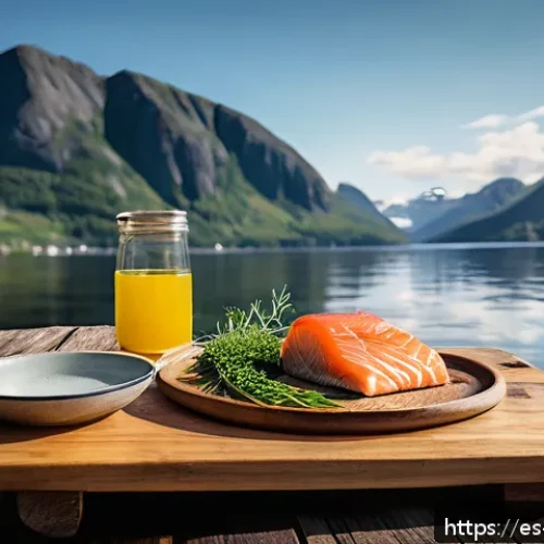 Home 31 노르웨이 전통 요리 - A rustic Norwegian dining table set outdoors in a fjord landscape during golden hour, featuring a wo...