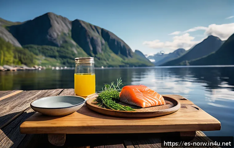 노르웨이 전통 요리 - A rustic Norwegian dining table set outdoors in a fjord landscape during golden hour, featuring a wo...