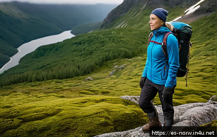 노르웨이 여행 시 주의사항 - A hiker dressed in technical mountain clothing layered appropriately for Norwegian weather: a moistu...