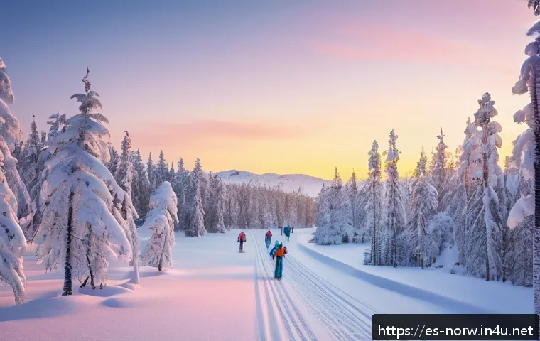 노르웨이의 인기 스포츠 - A serene Norwegian winter landscape featuring a wide, snow-covered cross-country skiing trail windin...