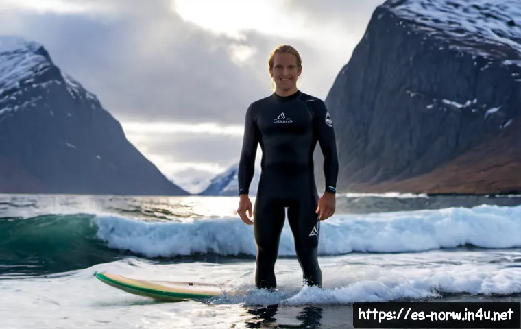 노르웨이 서핑과 해양 스포츠 - Photorealistic wide-angle coastal scene in northern Norway, an adult surfer in a full black wetsuit ...